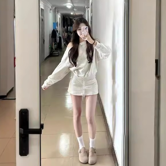 休闲运动服套装女春秋长袖一字露肩卫衣半身短裙少女感慵懒两件套