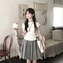 少女感休闲运动服套装女夏季正肩短袖格子半身短裙韩系减龄两件套