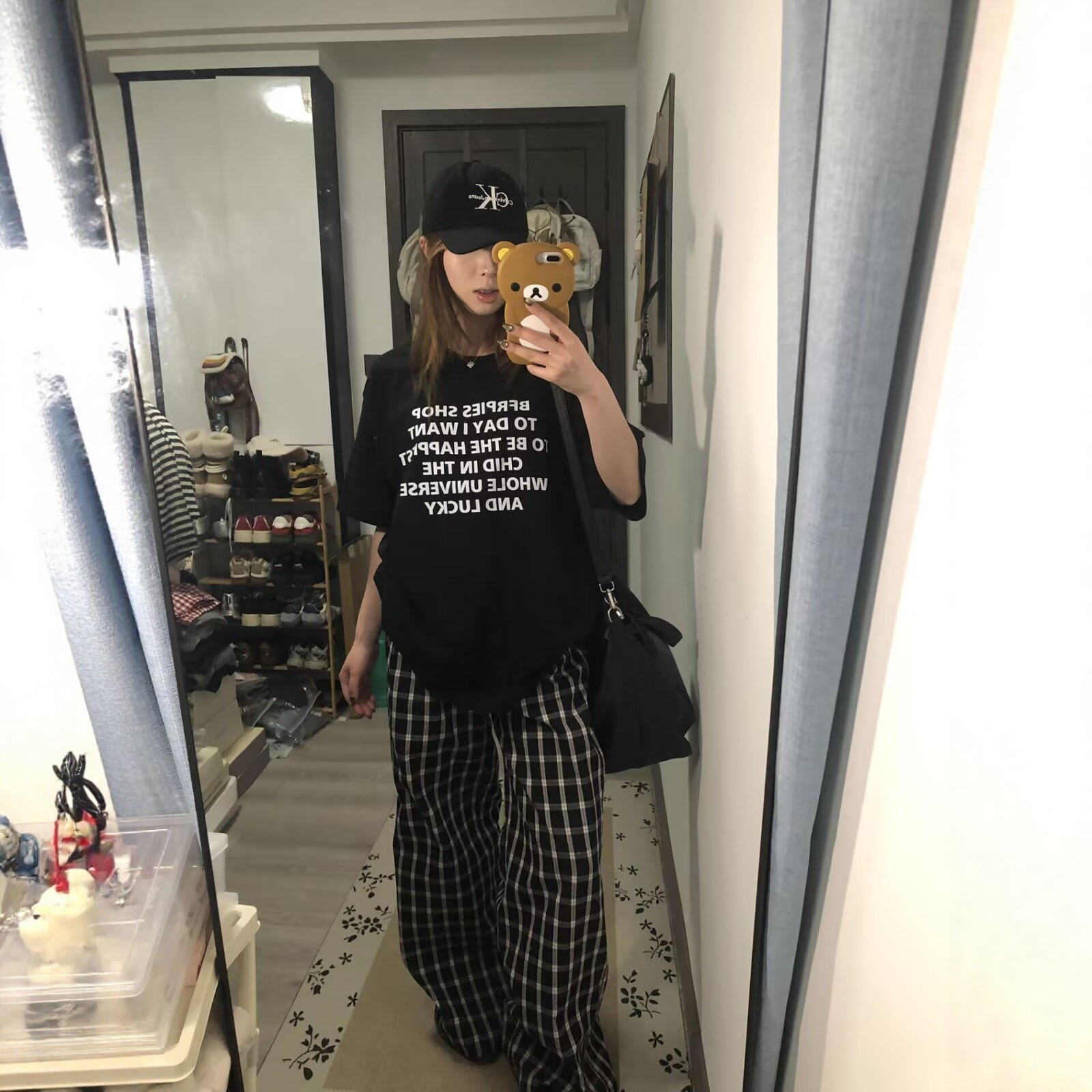 美式风格休闲运动服套装女夏季字母印花短袖格子阔腿裤慵懒两件套