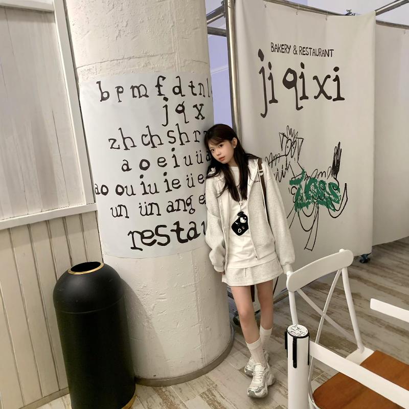 休闲运动服套装女春秋学院风少女卫衣短裙小个子松弛感宽松两件套