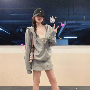 休闲运动服套装 卫衣短裙层次感学生洋气炸街两件套 女春秋慵懒开衫