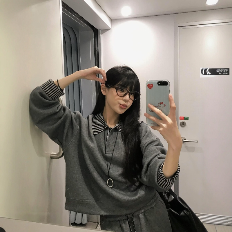 休闲运动服套装女春秋复古拼接卫衣长裙慵懒感少女学生宽松两件套