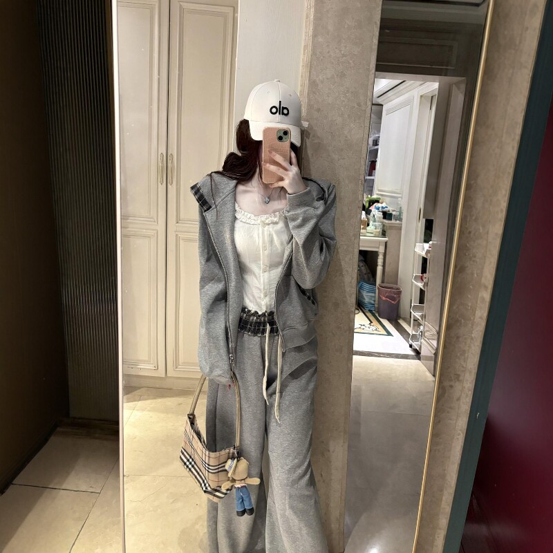美式复古休闲运动服套装女秋冬拼接开衫卫衣阔腿裤学生宽松两件套