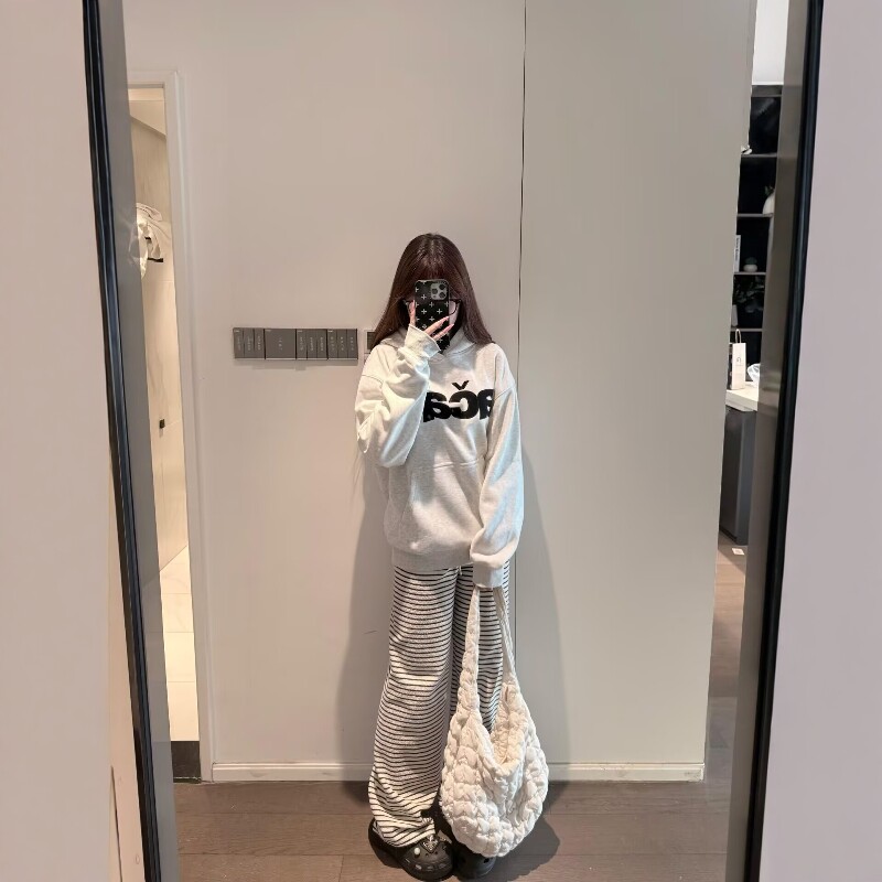 美式高街休闲运动套装女秋冬字母宽松连帽卫衣条纹长裤少女两件套