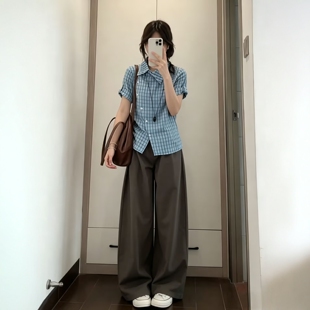韩系气质休闲运动服套装女夏季蓝格斜襟短袖衬衫阔腿裤显瘦两件套