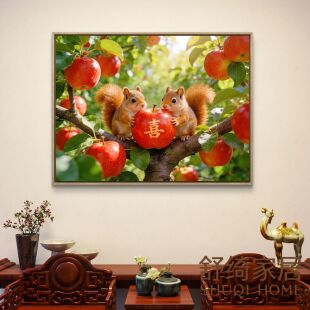 新中式轻奢客厅装饰画灵鼠奉喜图吉祥风水画五行木厅堂玄关东壁画