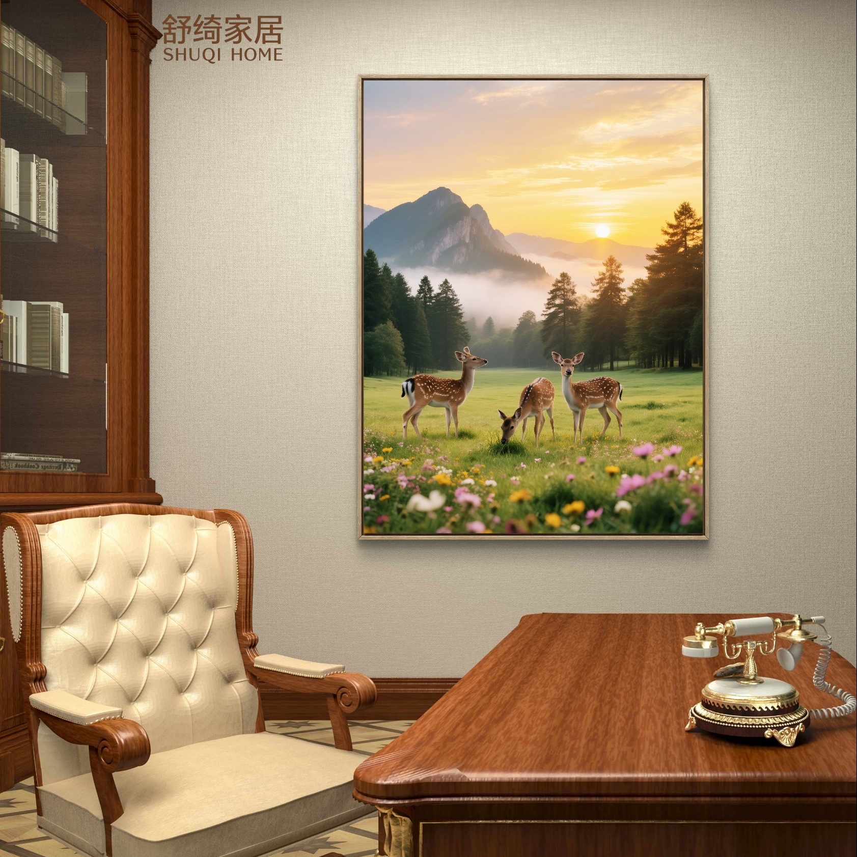 轻奢书房办公室装饰画福鹿衔财图客厅沙发背景墙装饰画茶室挂画图片