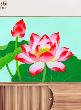 茶室装饰画高级感新中式荷花客厅壁挂画五行喜木水年年有余添福气