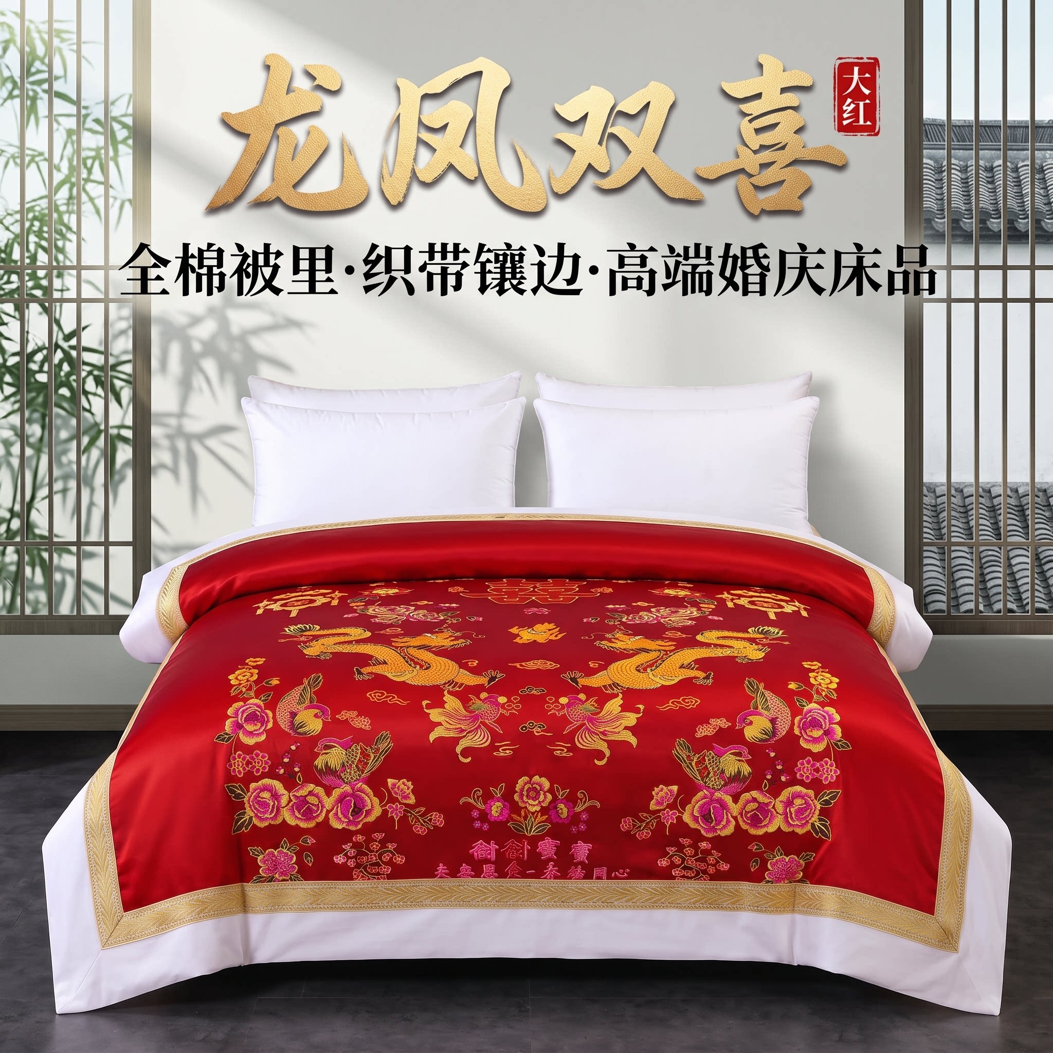 馨朵芙新中式丝绸被套织锦缎龙凤百子全棉新款结婚陪嫁传统喜被罩