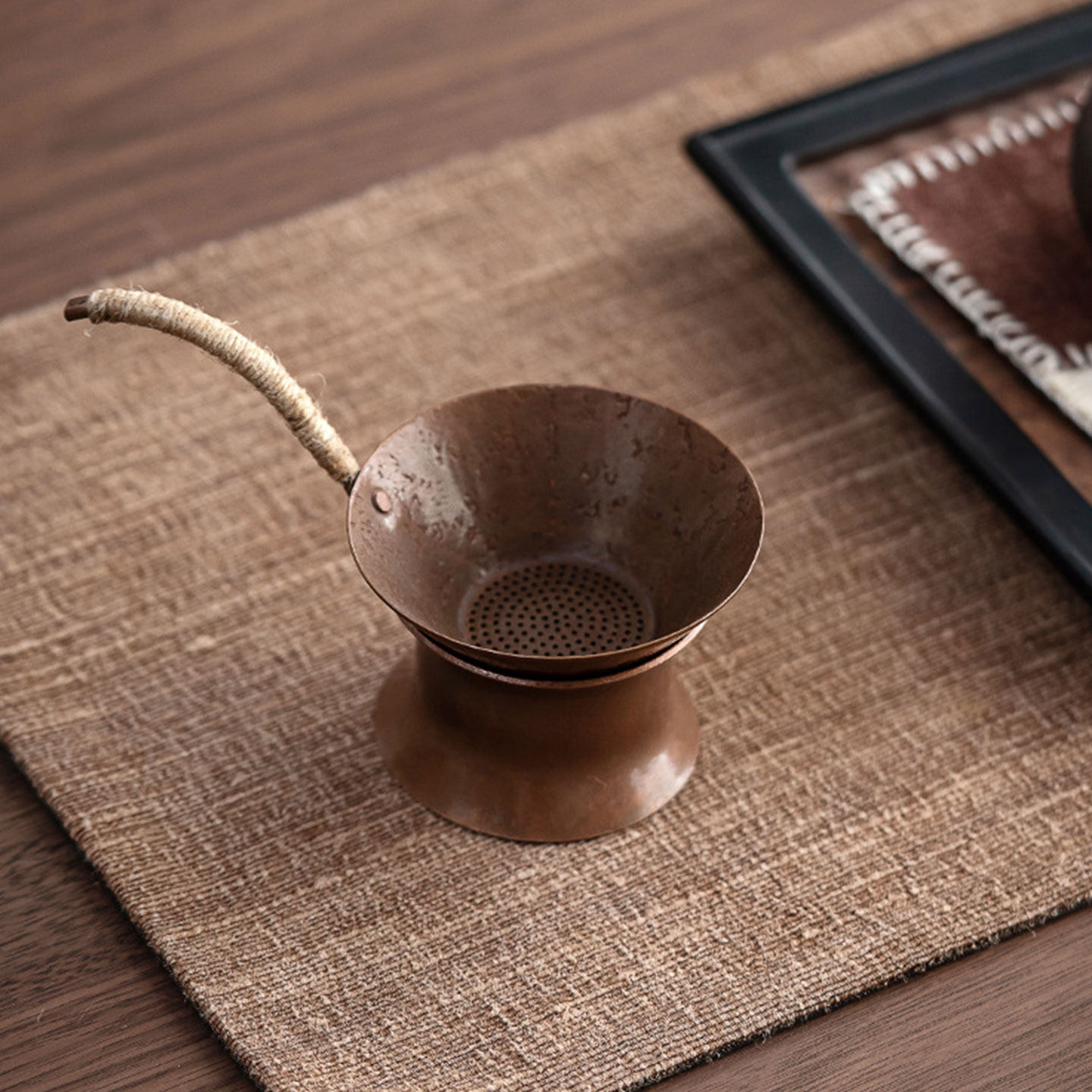 云窝手工紫铜锤纹茶滤复古做旧茶漏麻绳手柄茶叶过滤器茶道配件