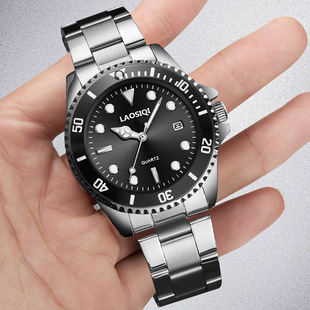 瑞士正品新款劳思琪男士时尚钢带手表防水黑蓝绿水鬼夜光日历男表