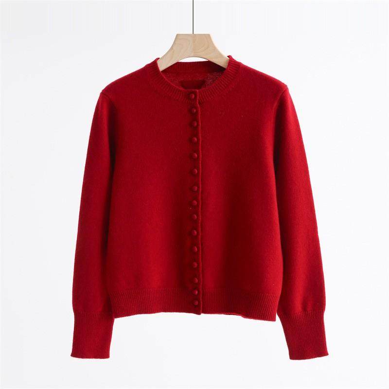 高品质100全羊毛圆领包扣新年红羊毛针织开衫厚毛衣外套秋冬款,女装/女士精品,毛针织衫,淘宝优惠券,粉丝福利购,淘宝优惠卷