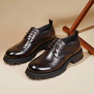 名人烟斗男鞋头层牛皮厚底布洛克22秋新款潮流男士商务皮鞋男鞋