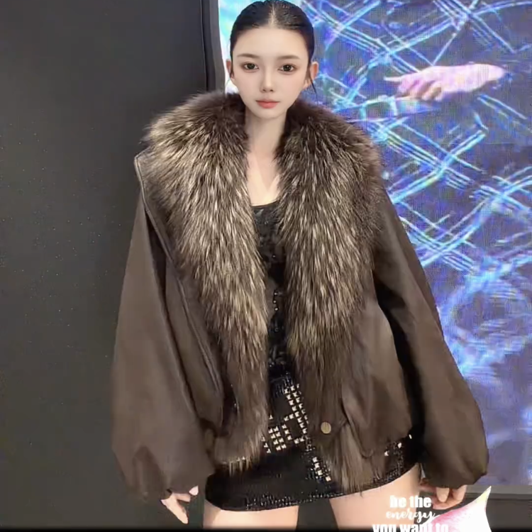 设计师款2025冬新款皮衣外套女短款大貉子毛领加绒皮草夹克宽松潮,女装/女士精品,皮草,淘宝优惠券,粉丝福利购,淘宝优惠卷
