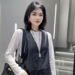背心裙女绵羊皮连衣裙子显瘦潮 真皮A字裙百搭V领无袖 2024秋季 新款