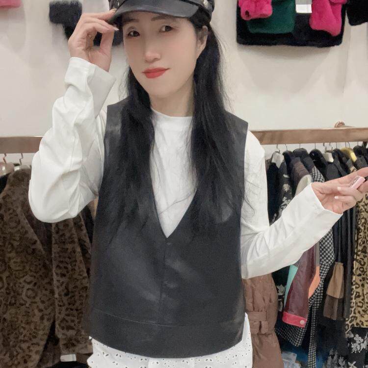 2025春季新款真皮马甲女短款V领套头无袖背心坎肩绵羊皮百搭外搭