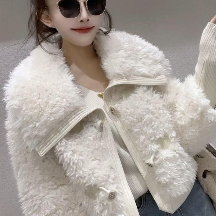 2025冬新款芭莎羊毛皮毛一体外套女短款翻领减龄毛毛皮草夹克宽松