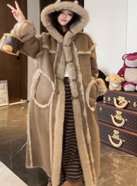 [橙子专属]长袖女连帽落肩袖长款街头风衣单排扣88188双面穿皮草