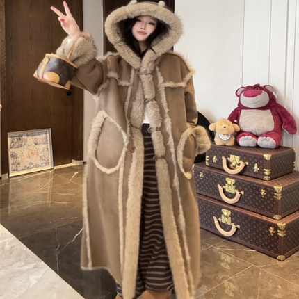 [橙子专属]长袖女连帽落肩袖长款街头风衣单排扣88188双面穿皮草