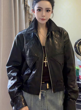 欧港妮2026秋季新款真皮皮衣女短款牛皮油蜡皮时尚皮衣外套上衣