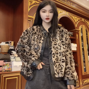豹纹貂毛拼貂皮草外套潮 立领机车款 2025秋冬新款 水貂毛皮衣女短款