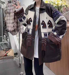 绵羊皮拼针织外套宽松大衣 真皮皮衣女中长款 小马宝莉2026春季 新款