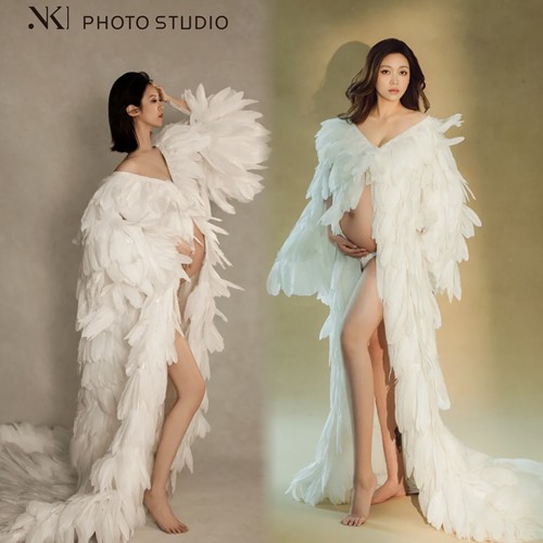 欧美定制孕妇拍照写真唯美羽毛大肚照连衣裙影楼摄影开叉拖地长裙
