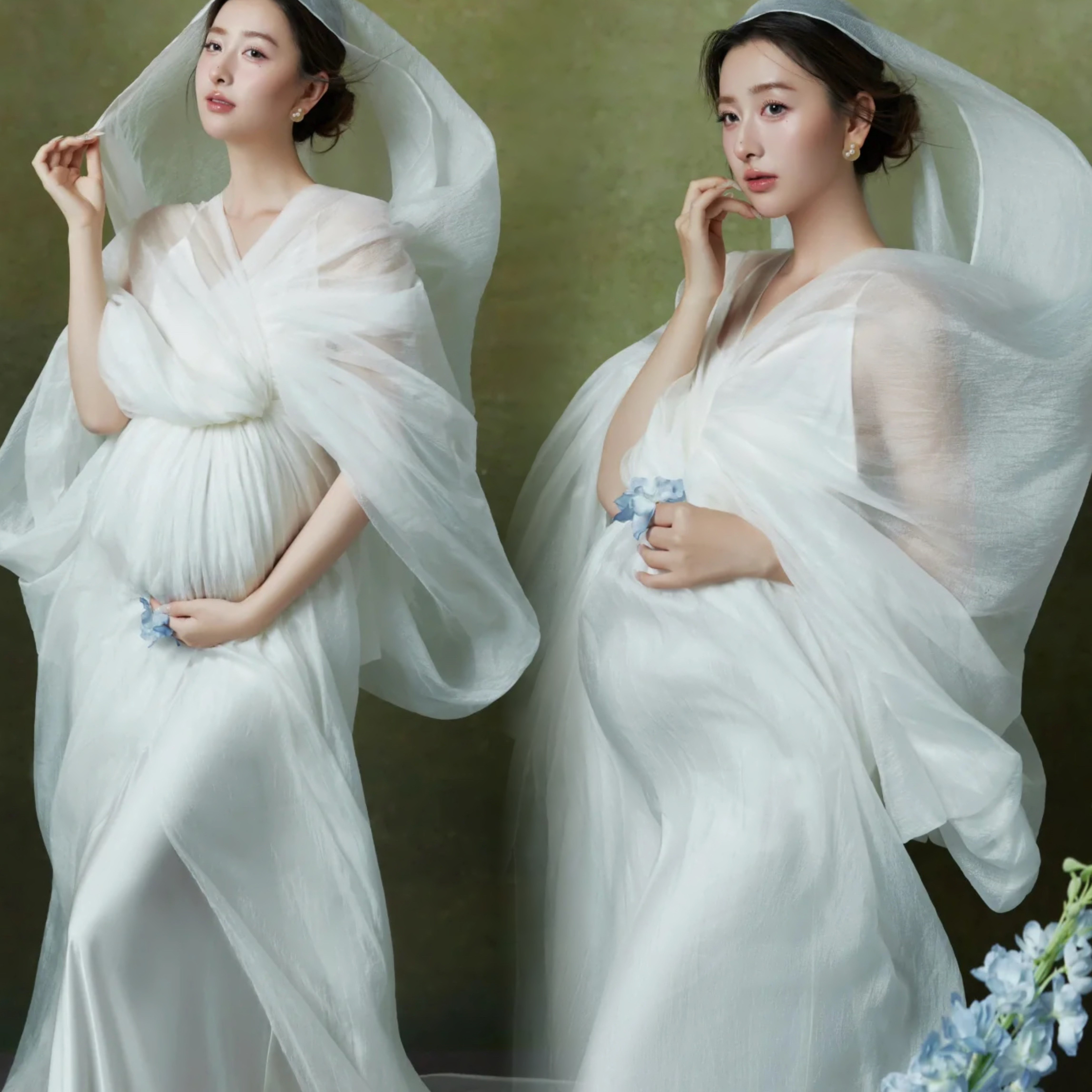 孕妇拍照写真连帽连衣裙仙气白色吊带罩衫套装影楼摄影艺术照服装