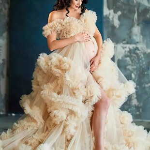 欧美定制拖地大裙摆蓬蓬连衣裙大码多层绑带晚礼服性感孕妈写真服