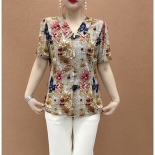 短袖 中老年蝴蝶印花上衣妈妈装 T恤女洋气小衫 一件也是批发价