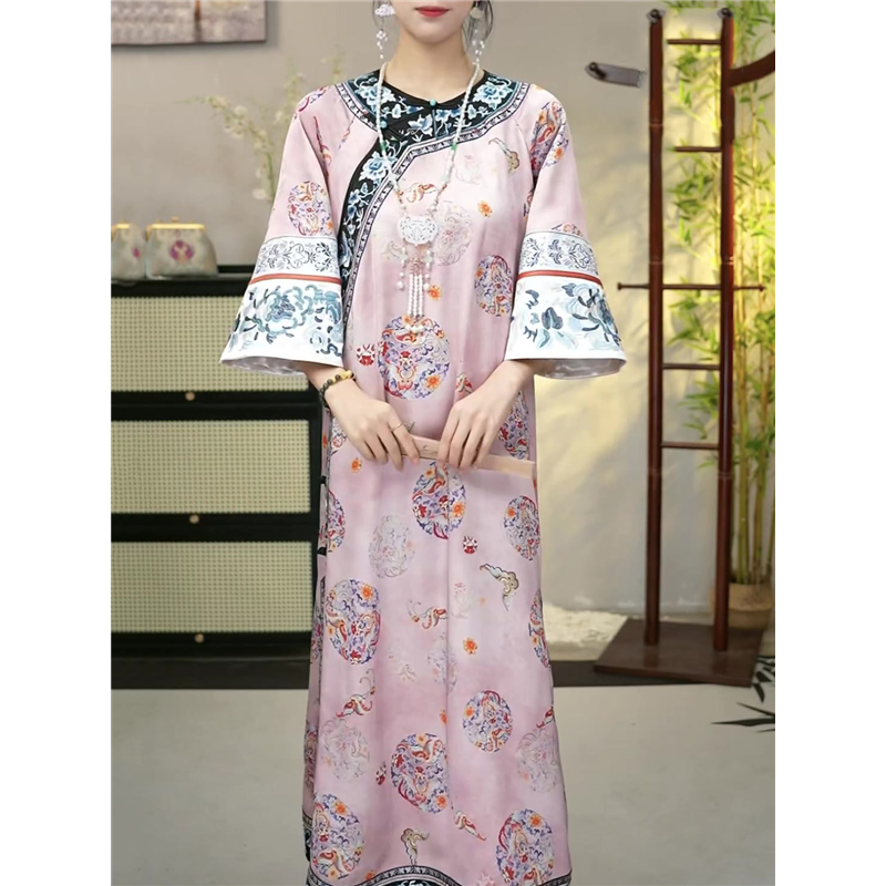 旗袍缎面汉服印花古风长裙A字裙