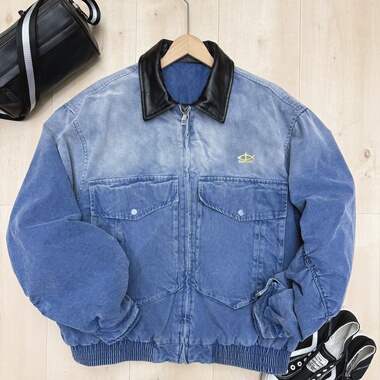 十字架印花高品质主爱男女同款秋冬款牛仔蓝色棉服宽松真皮夹克