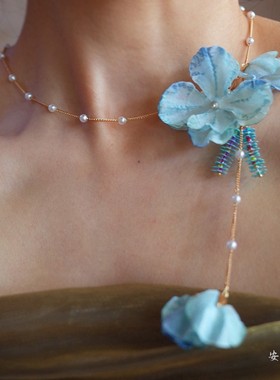 安妮花开【晴空】蓝色花朵夸张超美仙气流苏项链