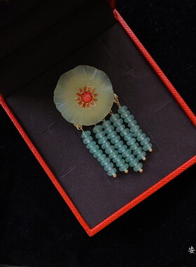 安妮花开岫玉流苏花朵中式胸针旗袍配饰别针原创