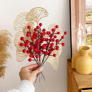 福桶配件短支金色系仿真花金色尤加利扇叶绣球花单叉12果发财果