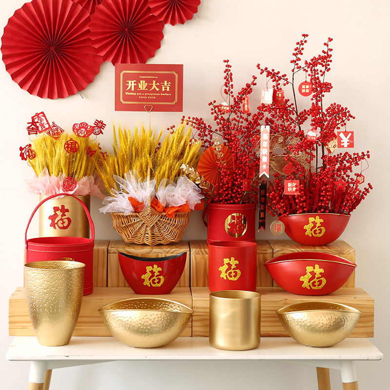 铁艺福桶福字抱抱桶干花圆形红色