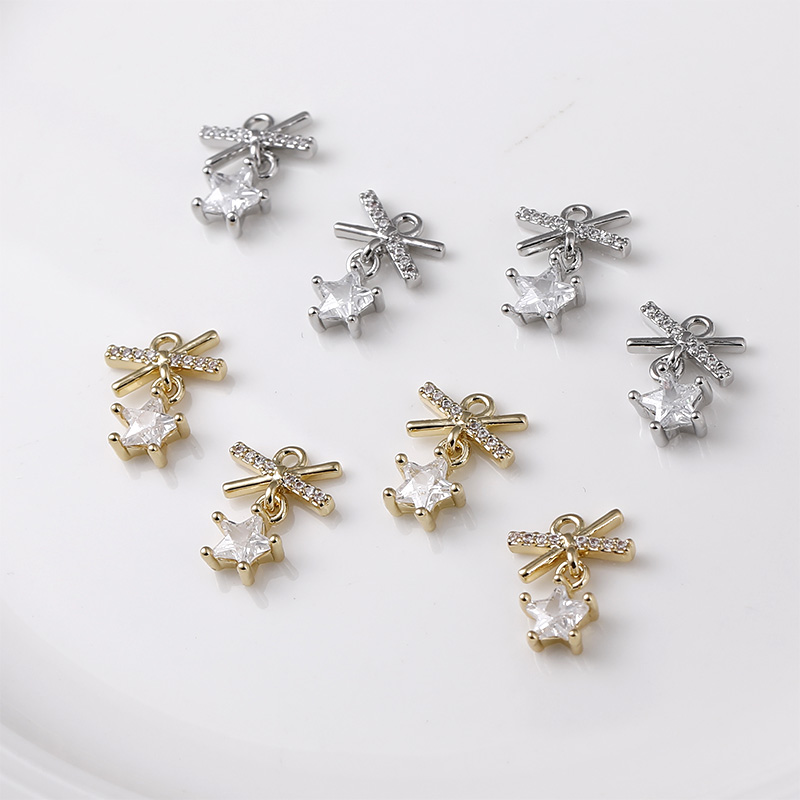铜镀14k金锆石蝴蝶结星星吊坠diy