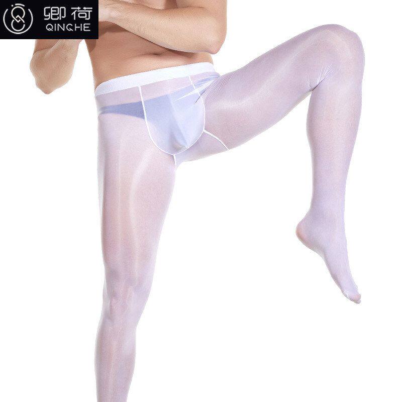卿荷200斤大码油光连裤袜男加大U型囊袋丝袜油亮透明超薄高弹丝滑