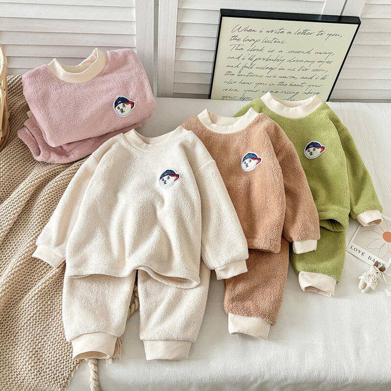 秋冬新款加绒加厚儿童睡衣男女童韩版双面绒保暖睡衣套装童装代发