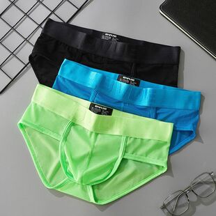 男士 透气内裤 跨境代发TEMU欧美性感三角裤 低腰U凸网纱冰丝薄款