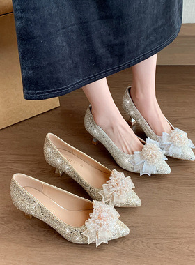 新品大码女鞋40-43码浅口高跟鞋尖头满钻婚鞋新娘鞋蝴蝶结44 45单