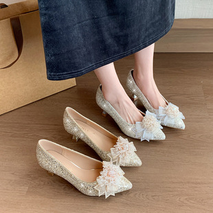 新品大码女鞋40-43码浅口高跟鞋尖头满钻婚鞋新娘鞋蝴蝶结44 45单