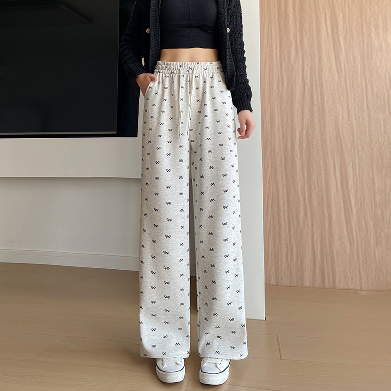 跨境华棉棉质蝴蝶结印花休闲裤女秋冬季2025新款垂感直筒运动裤