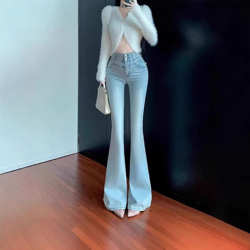 浅蓝色双扣窄版微喇牛仔裤女小个子春秋新款蝴蝶结高腰弹力喇叭裤