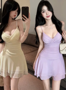 法式网纱性感吊带连衣裙带胸垫夜店女装纯欲风低胸露背夜场工作服