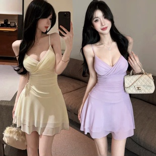 法式网纱性感吊带连衣裙带胸垫夜店女装纯欲风低胸露背夜场工作服