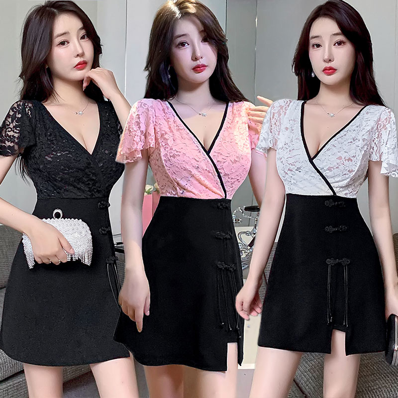 性感连衣裙亮丝纯色低胸露背