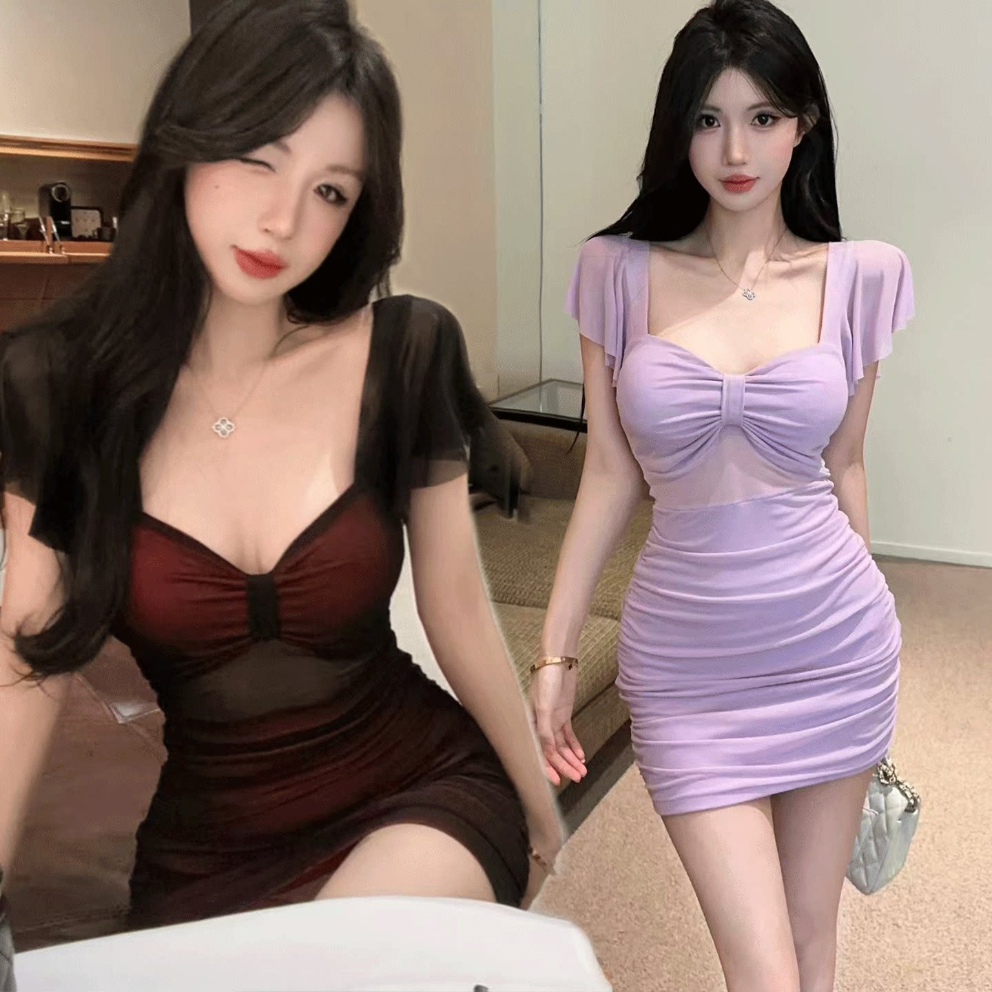 法式收腰连衣裙新款夜店女装低胸包臀短裙带胸垫紧身露背技师工衣