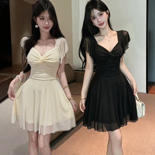 网纱收腰显瘦连衣裙新款夜店女装低胸露背摆裙足浴按摩性感技师服