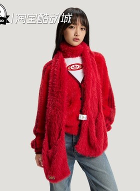 12月adidas阿迪达斯女子时尚新年款保暖毛绒口袋围巾围脖KH0284
